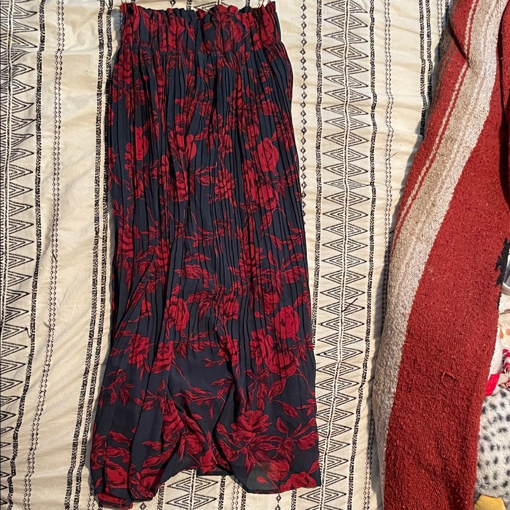 Dark Green Red Floral Midi Skirt